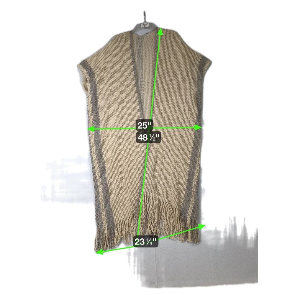 Long Fringe Duster‎ Cardigan Vest Sleeveless Open Front Knit Sweater Beige Gray - Picture 5 of 6